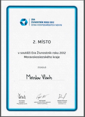 Ocenění 2. místo Živnostník roku 2012 Moravskoslezského kraje