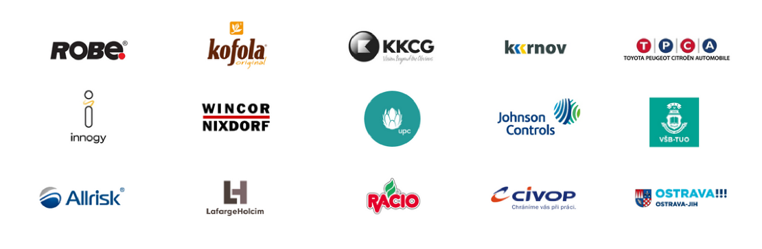 Loga klientů: ROBE, Kofola, KKCG, Krnov, TPCA, innogy, Wincor Nixdorf, Johnson Controls, Allrisk, LafargeHolcim, RACIO, CIVOP, Ostrava a další